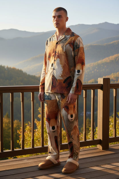 A man stands on a wooden deck wearing a matching pajama set with a fox print pattern, set against a scenic mountain background.