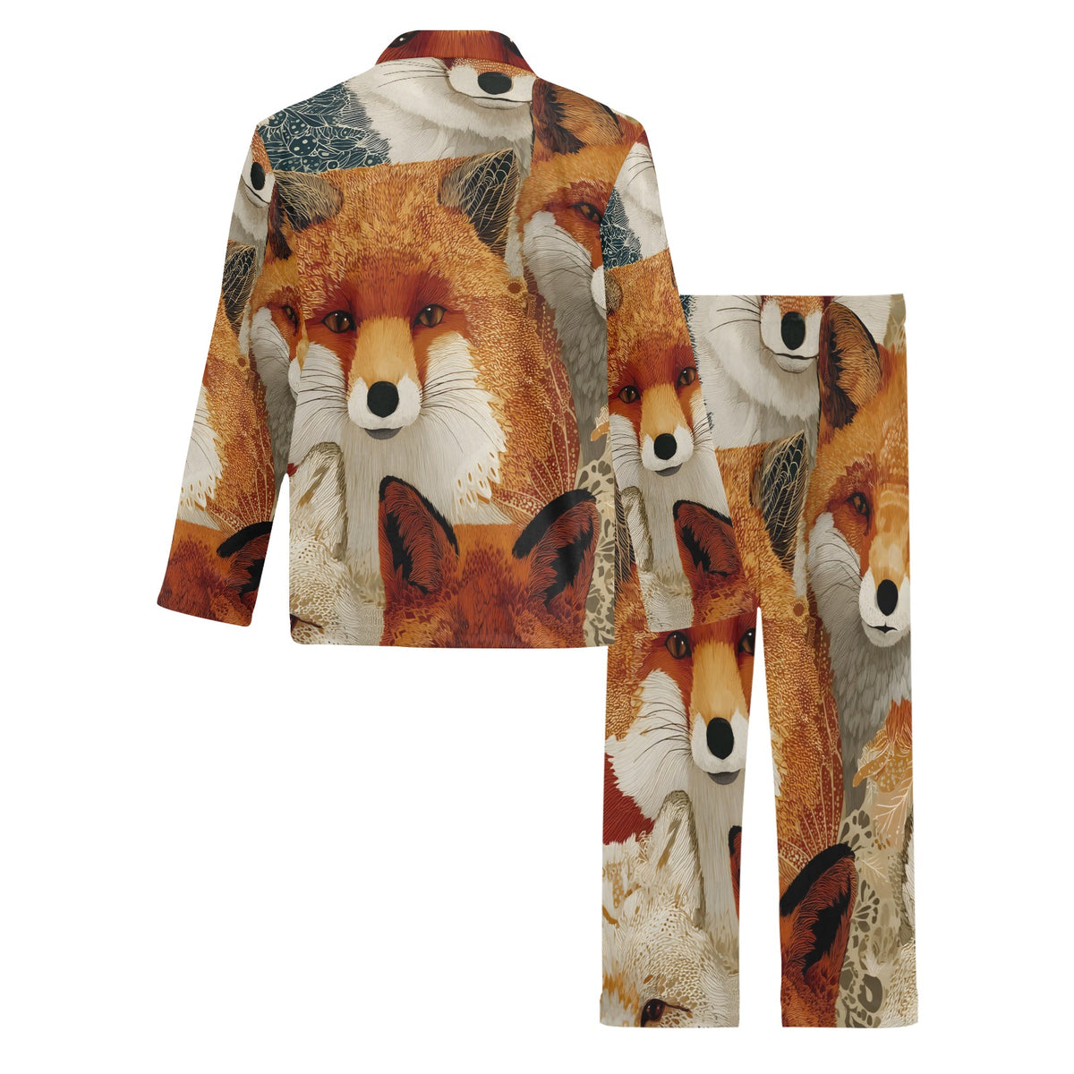 A two-piece pajama set featuring a long-sleeve top and matching pants with an all-over fox print. The design showcases detailed red, orange, white, and black fox faces on a light cream background.
