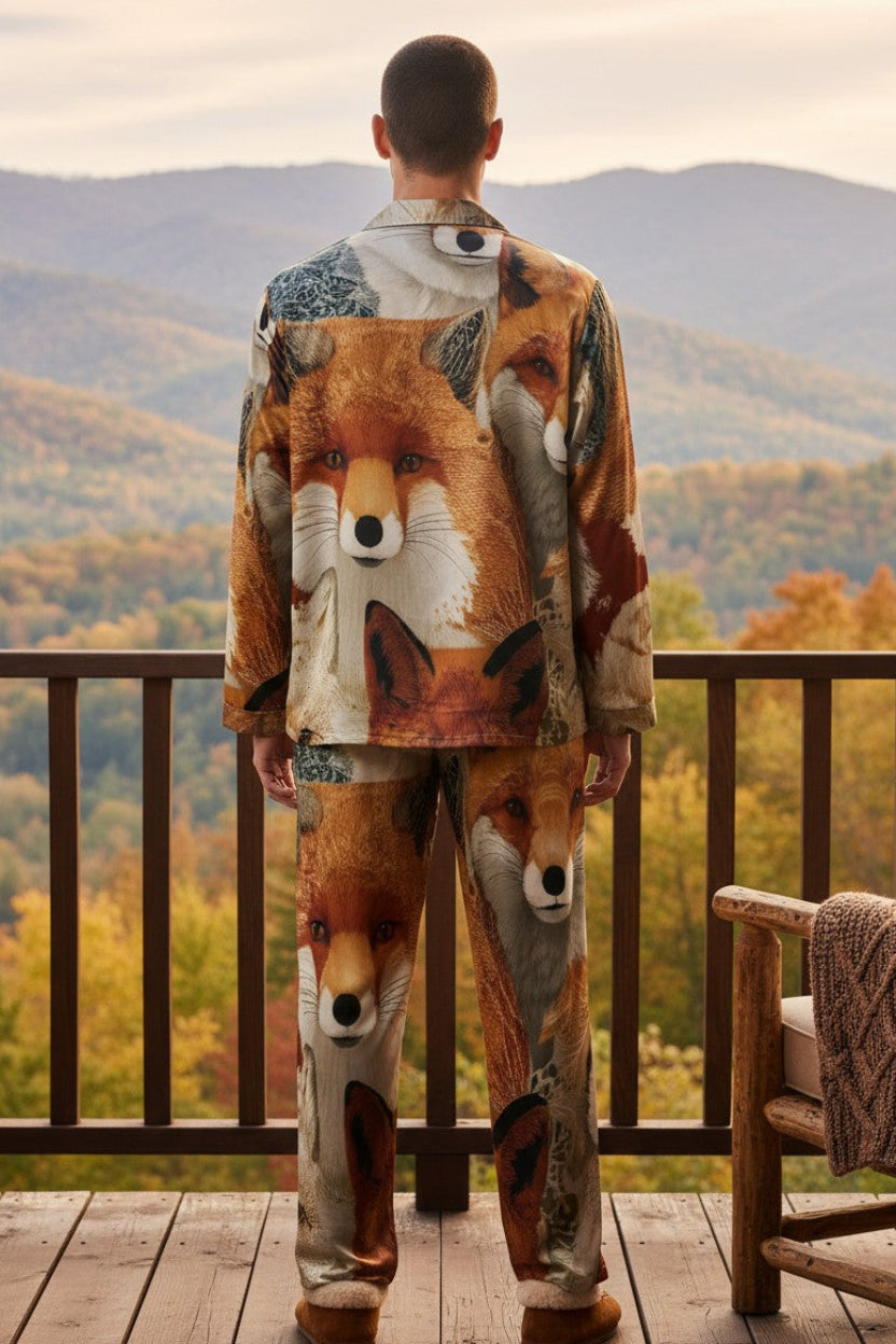 A man stands on a wooden deck wearing a matching two-piece pajama set with a detailed fox print, viewed from behind against a scenic mountain and forest background.