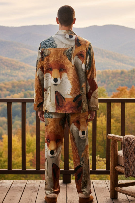 A man stands on a wooden deck wearing a matching two-piece pajama set with a detailed fox print, viewed from behind against a scenic mountain and forest background.