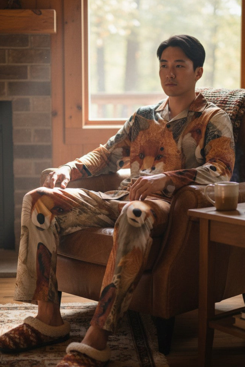 A man wearing a woodland-themed pajama set with a fox print, sitting in a brown leather armchair in a cozy, wood-paneled room.