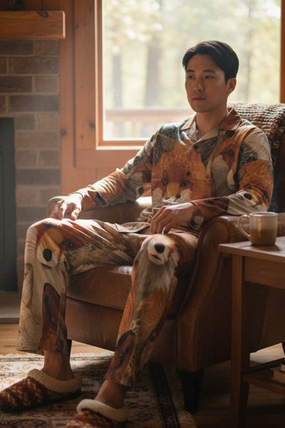 A man wearing a woodland-themed pajama set with a fox print, sitting in a brown leather armchair in a cozy, wood-paneled room.