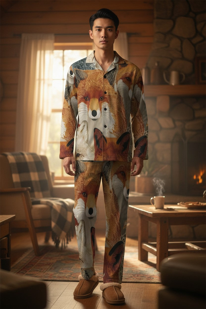 A man wearing a matching long-sleeve pajama set with a detailed fox print stands in a cozy, warmly lit living room with a fireplace and wood-paneled walls.