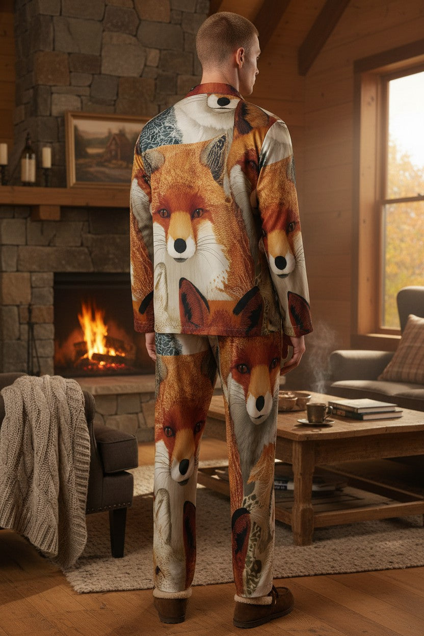 A man stands with his back to the camera in a cozy cabin living room, wearing a matching pajama set printed with large fox faces. The room features a stone fireplace, a wooden coffee table, and a window with warm light coming in.