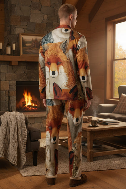 A man stands with his back to the camera in a cozy cabin living room, wearing a matching pajama set printed with large fox faces. The room features a stone fireplace, a wooden coffee table, and a window with warm light coming in.
