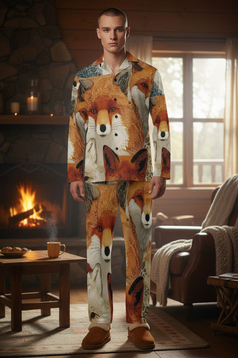 A man wearing a matching long-sleeve pajama set with an all-over fox face print, standing in a cozy room with a fireplace and window in the background.