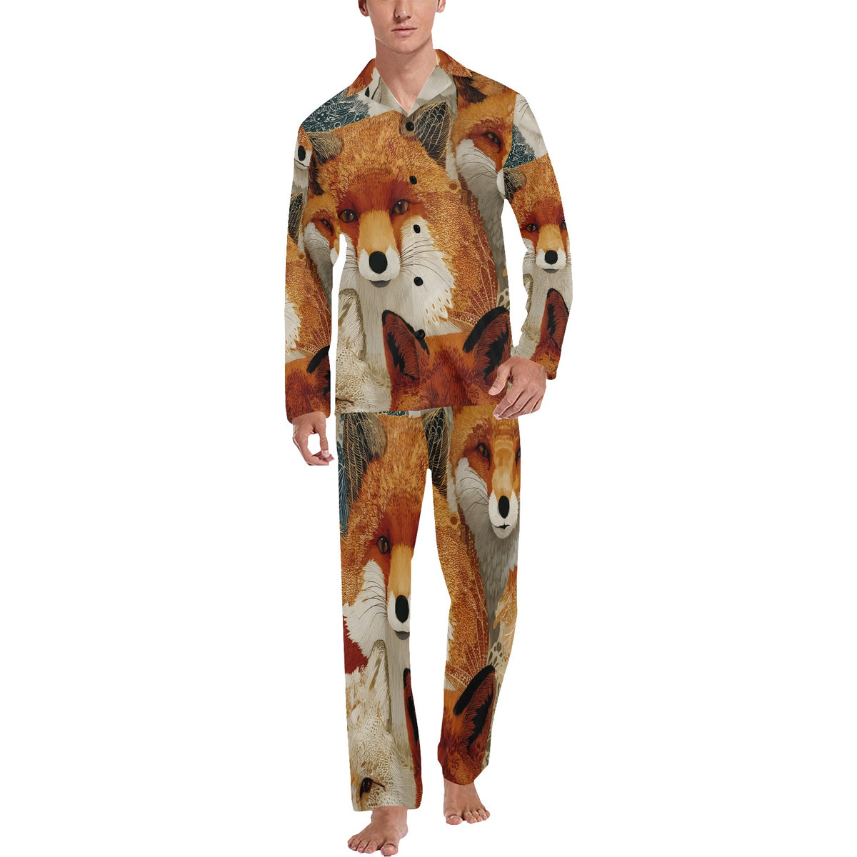 A man modeling a two-piece pajama set with an all-over print of red fox faces, shown against a plain white background.
