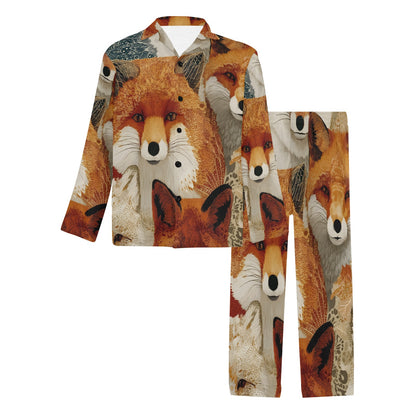 A matching long-sleeve button-up shirt and pants pajama set featuring an all-over print of fox faces in warm orange, brown, cream, and black tones, shown on a plain white background.