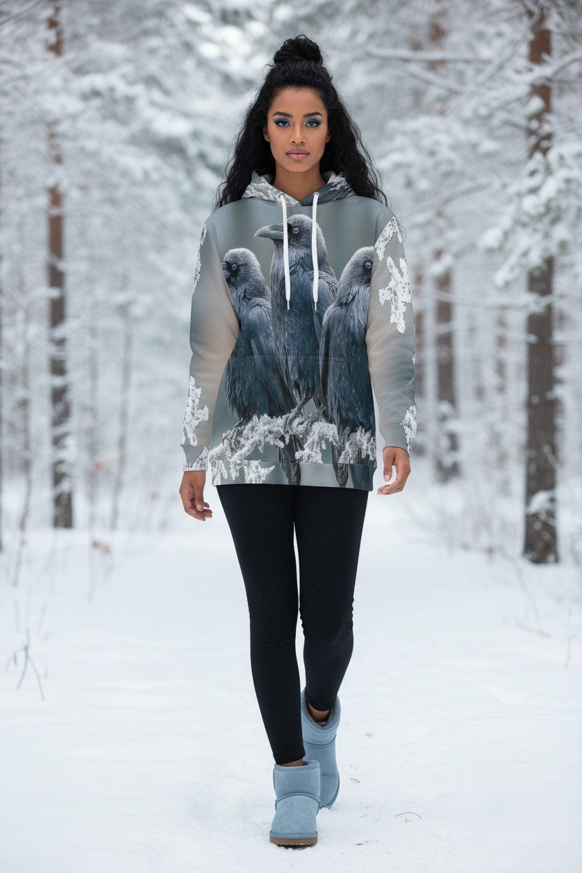 A woman walking in a snowy forest wearing a gray hoodie with a detailed graphic print of three crows on the front, paired with black leggings and light blue boots.
