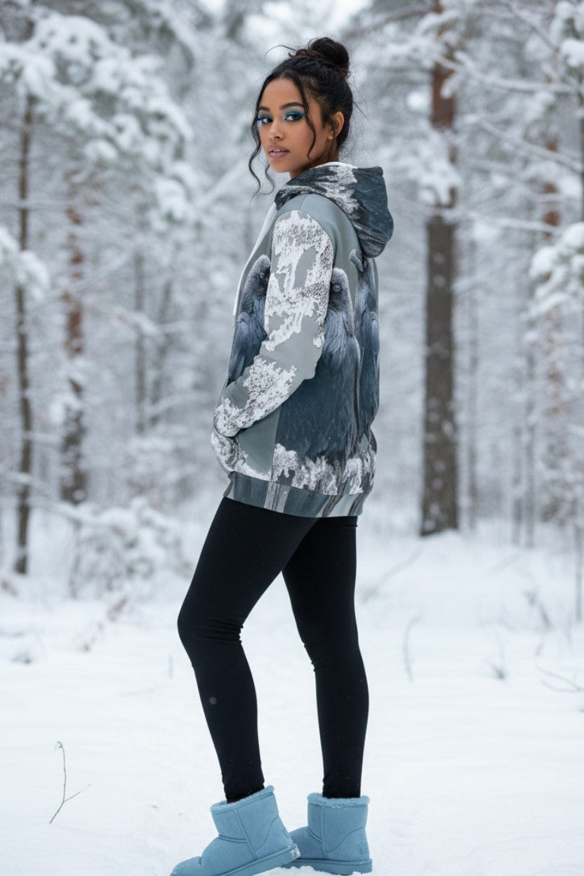 A woman stands in a snowy forest wearing a gray and white patterned hooded jacket, black leggings, and light blue boots.