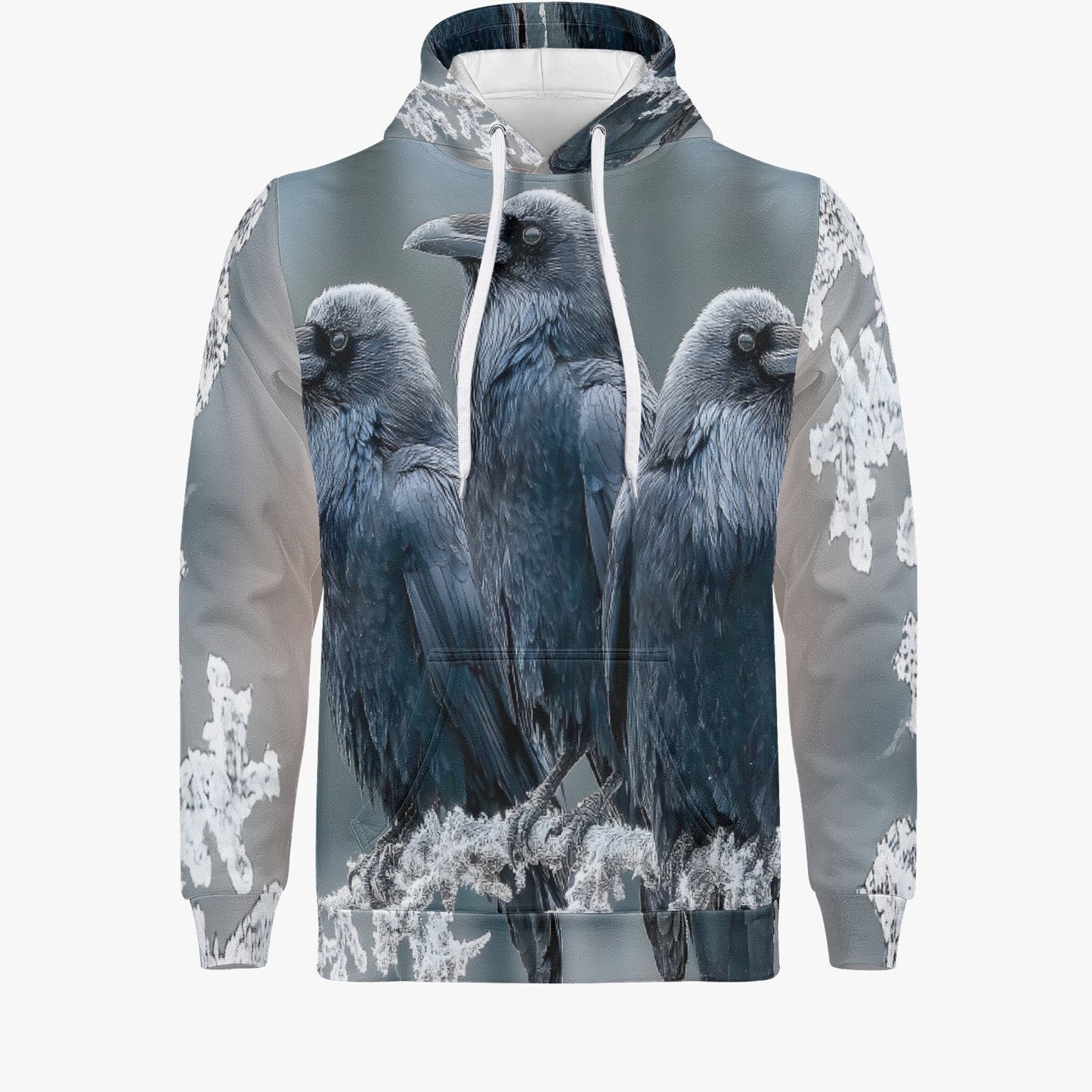 A pullover hoodie featuring an all-over print of three black crows on a snowy branch, with a gray and blue-gray background and white snowflake-like patterns on the sleeves.