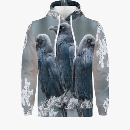 A pullover hoodie featuring an all-over print of three black crows on a snowy branch, with a gray and blue-gray background and white snowflake-like patterns on the sleeves.