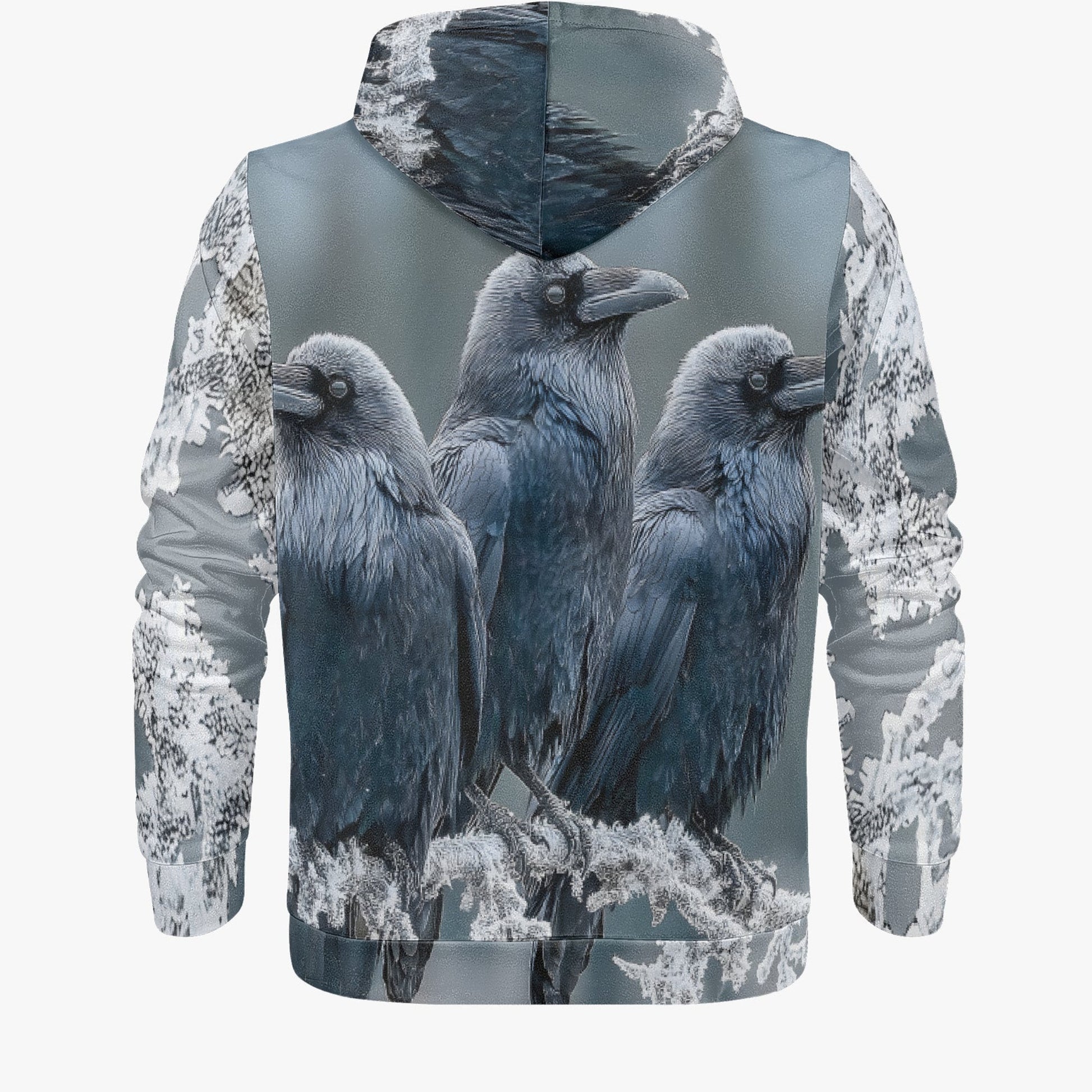 A long-sleeve hoodie shown from the back, featuring an all-over print of three dark blue-gray crows perched on snowy branches against a muted gray and blue winter background.