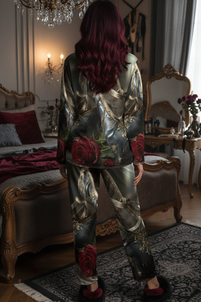 A woman stands with her back to the camera in an ornate bedroom, wearing a shiny metallic pajama set with a silver-gray base, gold foil patterns, and large red rose prints. The room features a chandelier, a bed with red bedding, and a patterned rug.