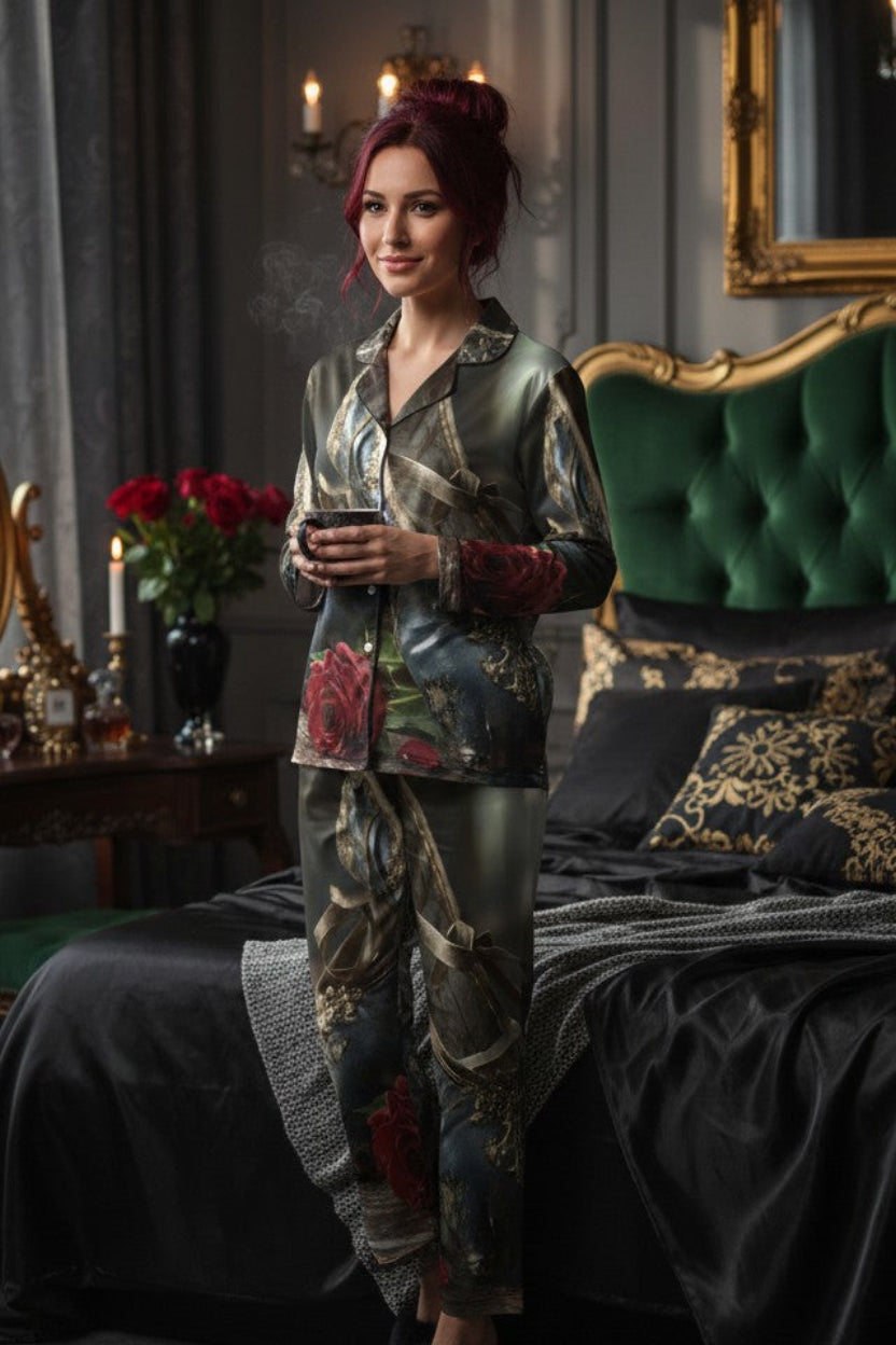 A woman stands in a luxurious bedroom wearing a matching pajama set with a green satin-like base and a multicolor floral print. The set includes a long-sleeve button-up top and matching pants.