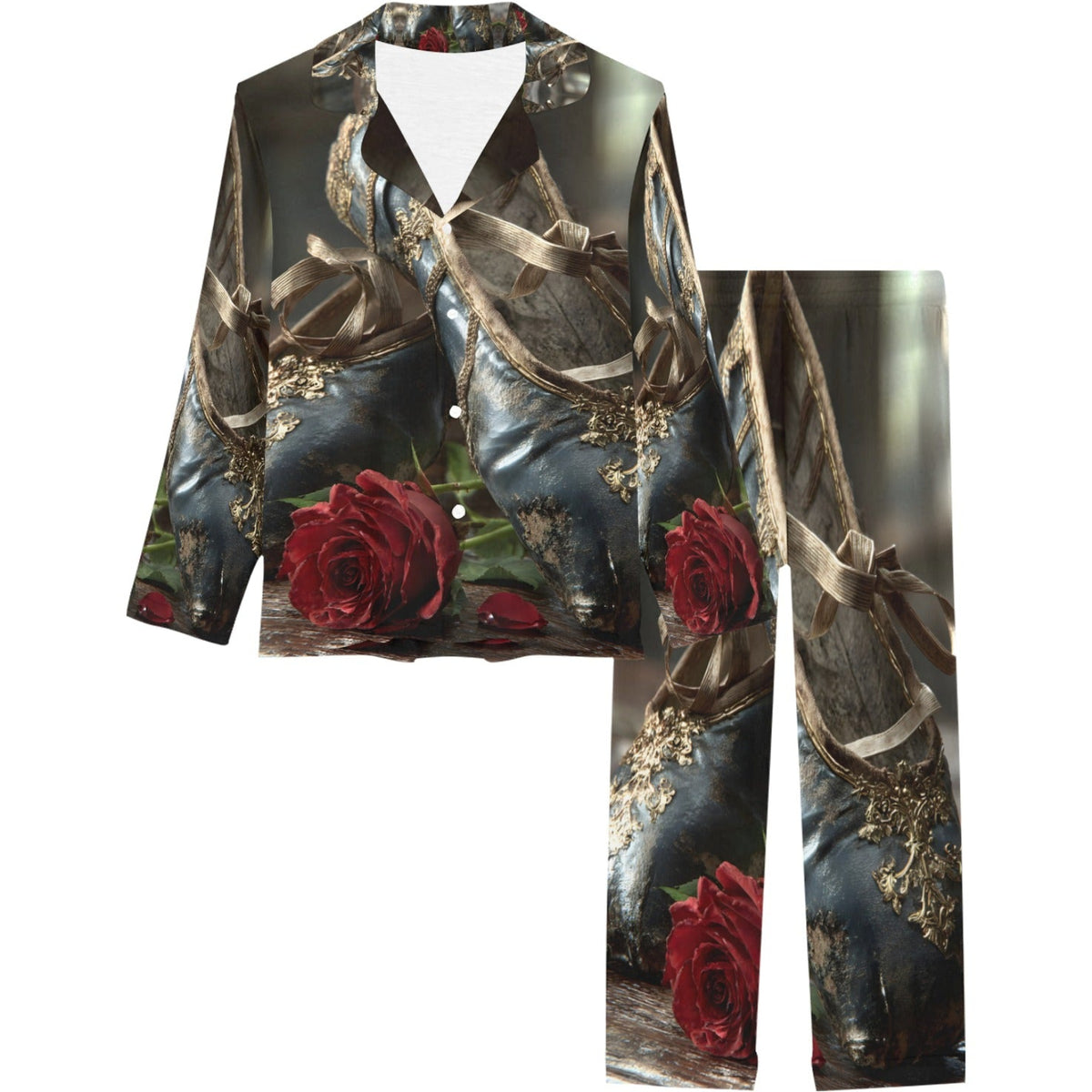 A matching two-piece pajama set featuring a long-sleeve button-up top and pants, both printed with a gothic-style design of dark blue-gray satin, gold ribbons, and red roses on a white background.