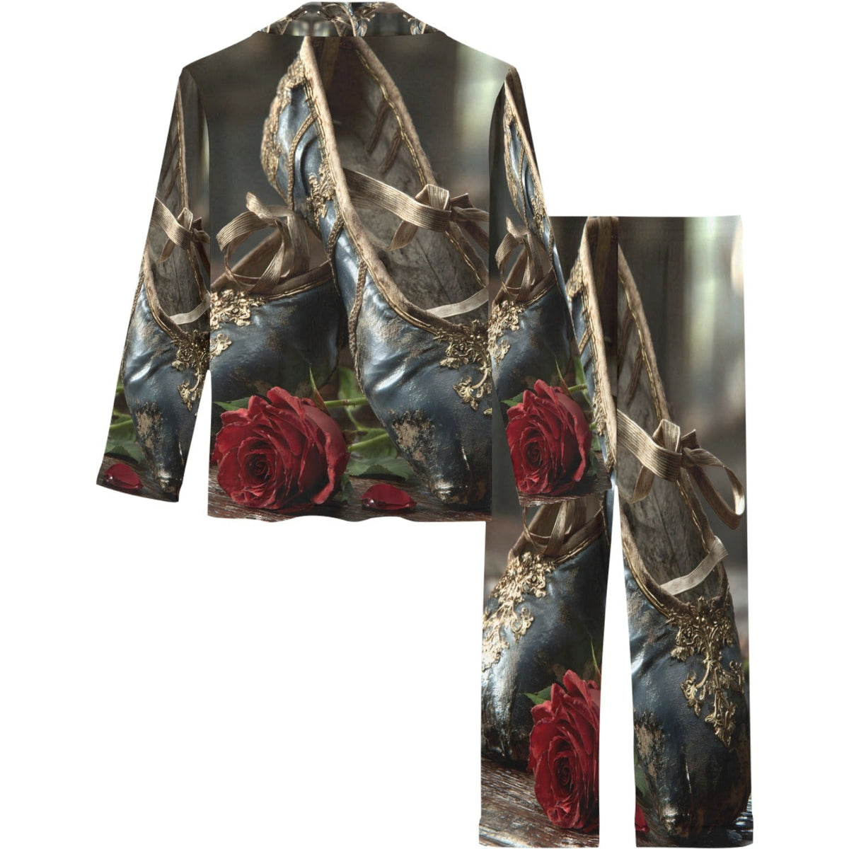 A matching two-piece pajama set featuring a long-sleeve top and pants with an all-over print of ornate dark blue satin shoes decorated with gold trim and red roses, shown on a plain white background.