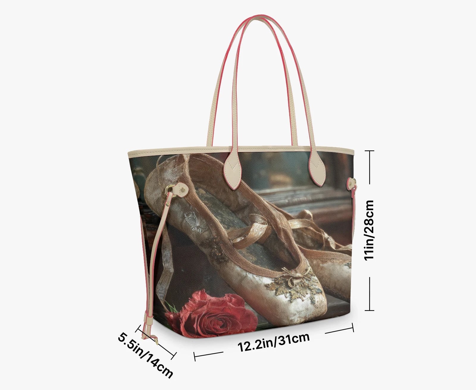 A tote bag with a vintage ballet shoe and red rose print, featuring light pink handles, shown with black dimension lines and text indicating its measurements of 12.2in/31cm, 5.