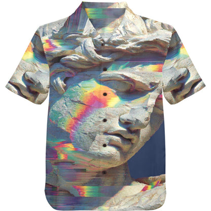 Short-sleeve shirt with a colorful abstract design on a white background
