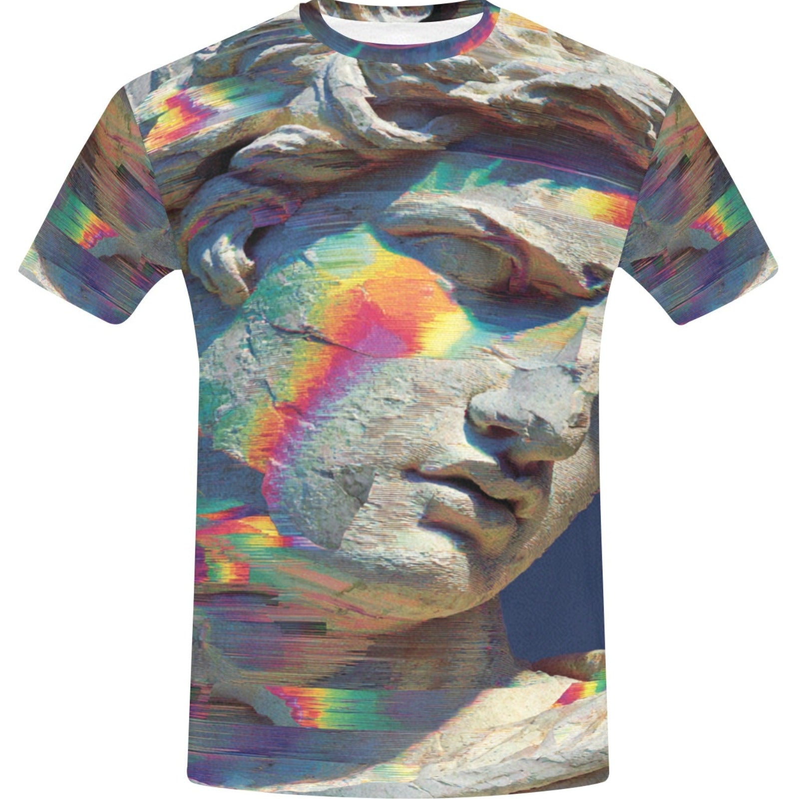 T-shirt with a colorful abstract design on a white background