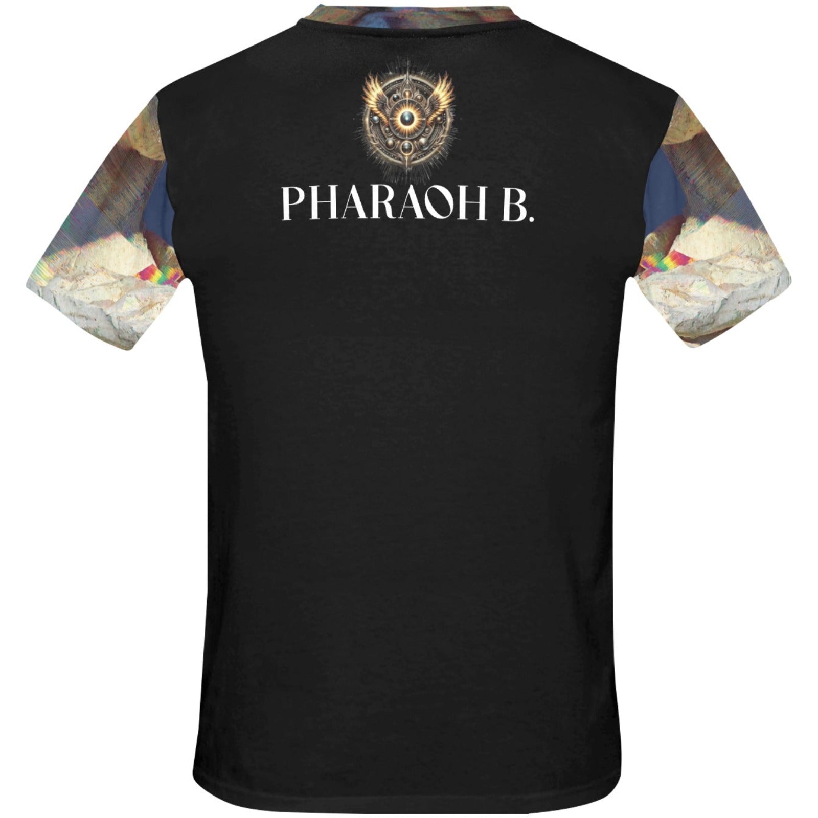 Black t-shirt with 'PHARAOH B.' text on the back against a white background