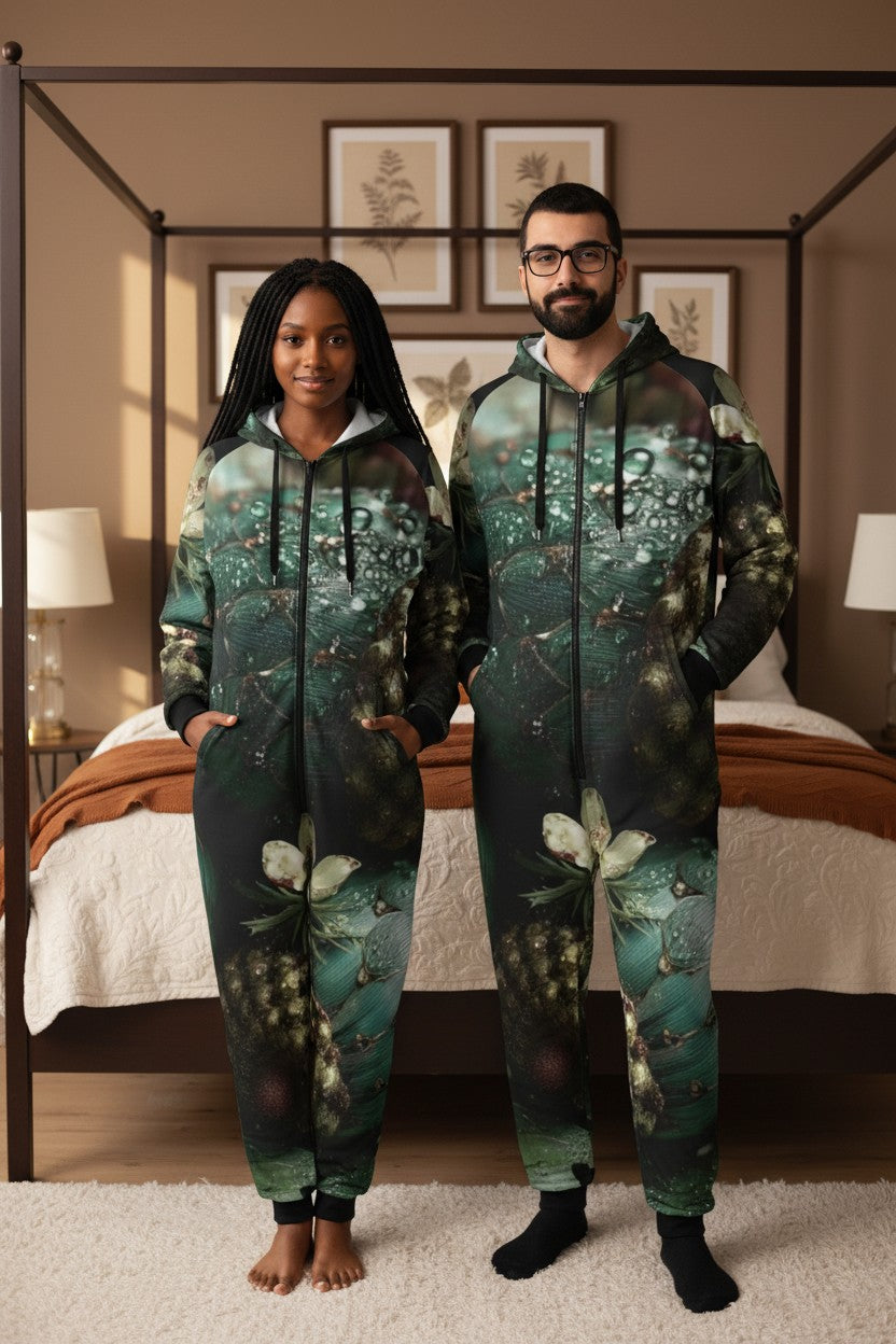 A man and a woman standing in a bedroom, both wearing matching hooded one-piece outfits with an all-over botanical print in dark green, teal, black, and cream tones.