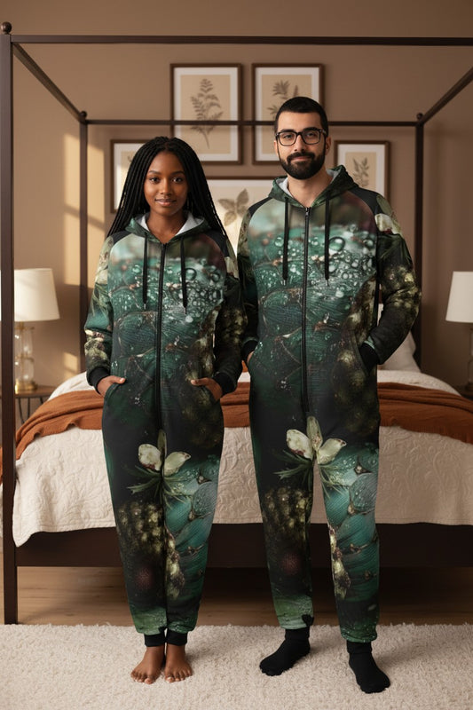 A man and a woman standing in a bedroom, both wearing matching hooded one-piece outfits with an all-over botanical print in dark green, teal, black, and cream tones.