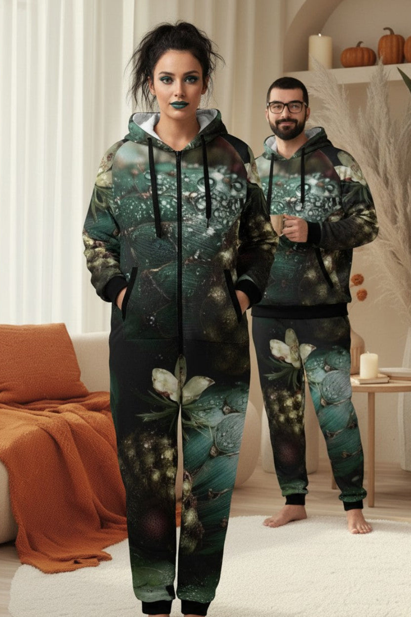 A man and a woman modeling matching hooded sweatshirts and joggers with an all-over dark green and black botanical print, standing in a cozy, warm-toned living room.