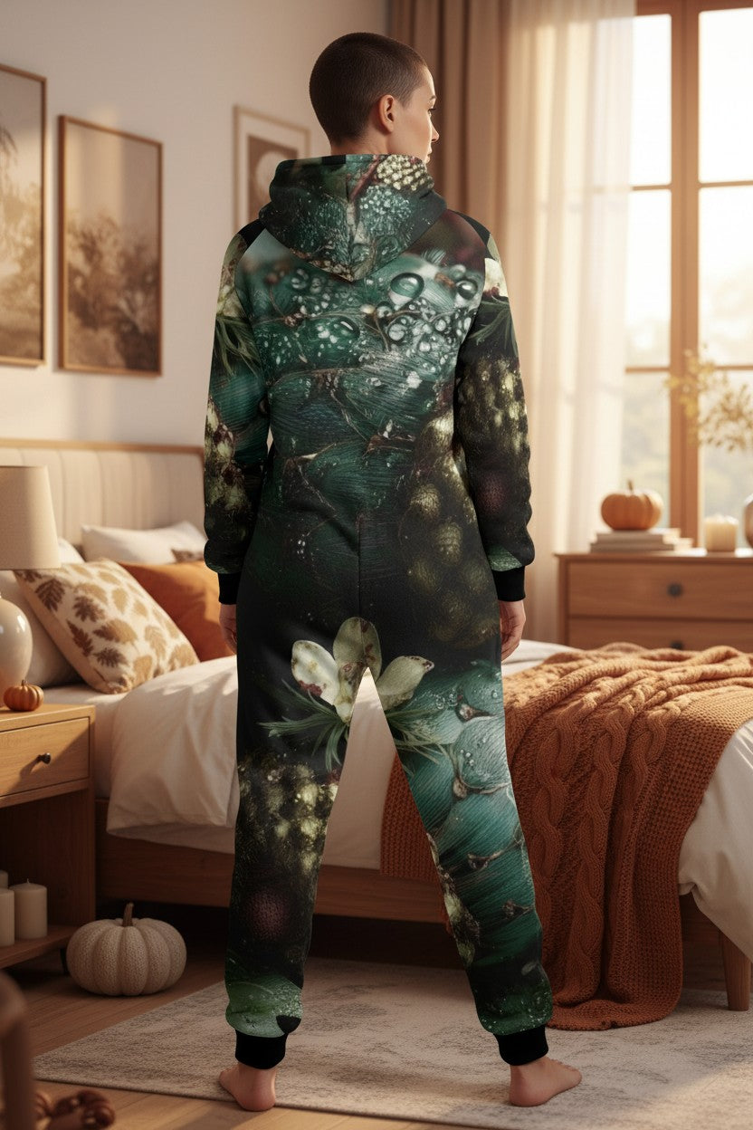 A person standing in a bedroom, viewed from the back, wearing a hooded one-piece jumpsuit with an all-over dark green and black abstract leaf-like print. The room has warm autumn tones with a bed, window, pumpkins, and framed wall art.