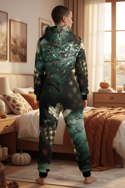 A person standing in a bedroom, viewed from the back, wearing a hooded one-piece jumpsuit with an all-over dark green and black abstract leaf-like print. The room has warm autumn tones with a bed, window, pumpkins, and framed wall art.