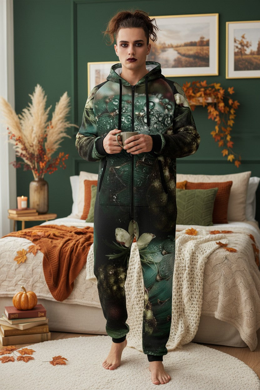 A woman stands barefoot in a cozy bedroom wearing a dark forest-print hooded one-piece jumpsuit with leaf and floral patterns. The room features a bed with autumn-themed bedding, framed landscape art on the wall, and dried pampas grass in a vase.
