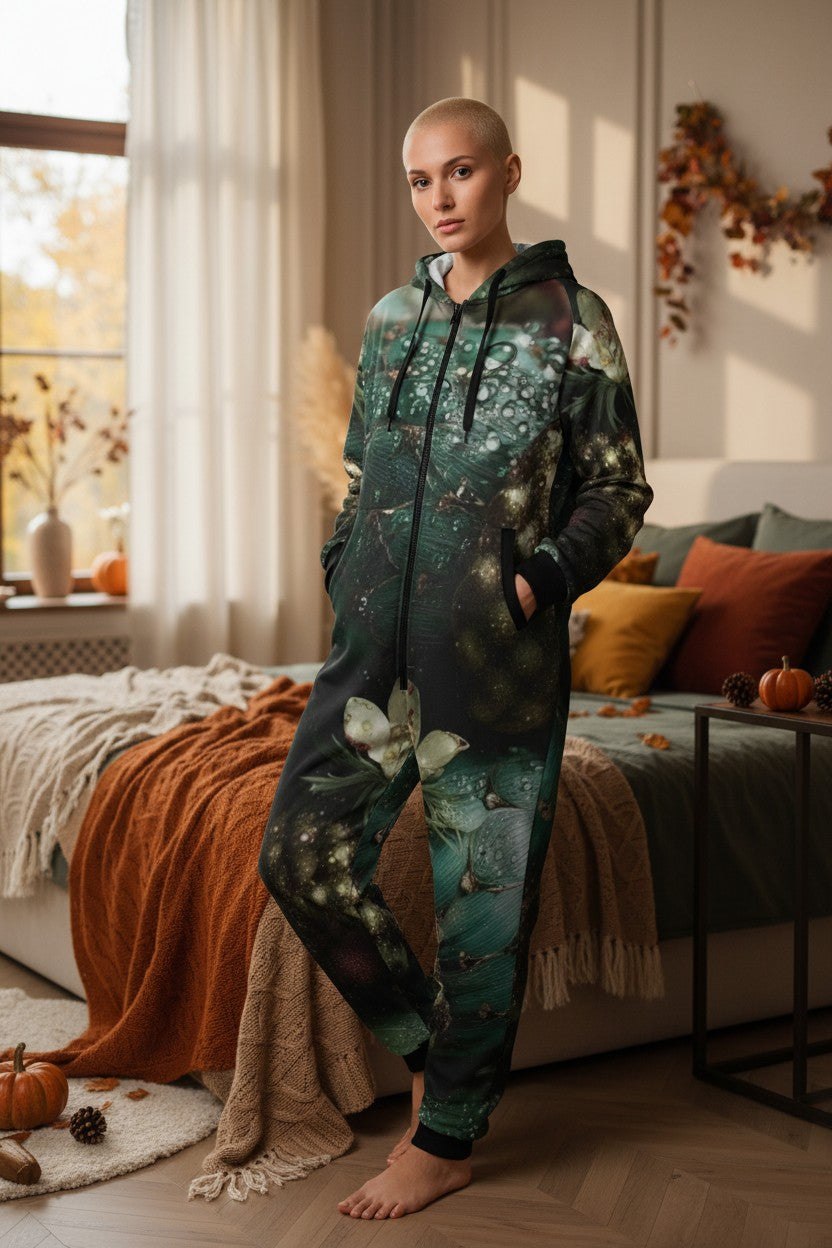 A person stands barefoot in a bedroom wearing a full-body hooded one-piece jumpsuit with an allover dark forest and floral print in teal, green, black, and muted white highlights. The room includes a bed with orange and mustard bedding, pumpkins, curtains, and warm natural light from a window.