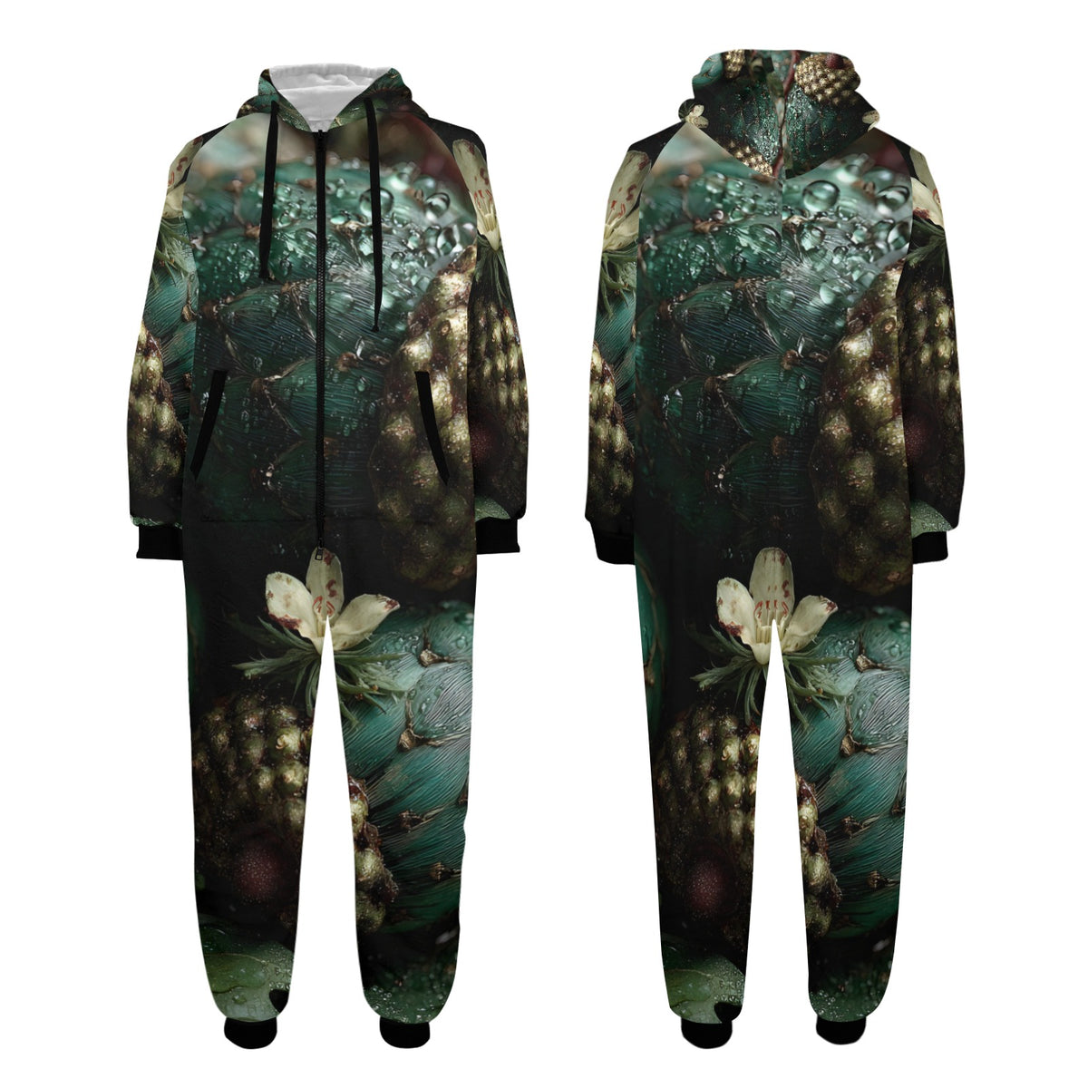 Front and back views of a full-length hooded jumpsuit featuring an all-over abstract print in dark teal, black, and gold tones with floral motifs, shown on a plain white background.