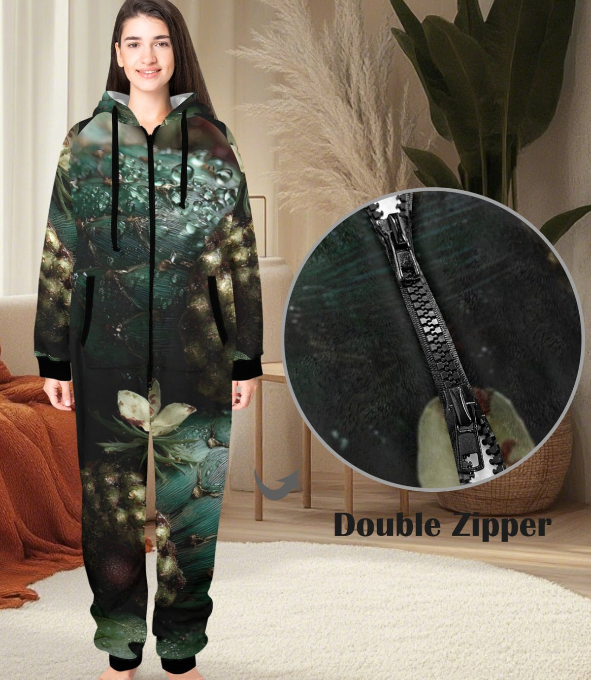 A woman stands barefoot in a living room wearing a full-body hooded onesie with an all-over dark forest-style print in green, black, and brown tones. The image includes a circular inset showing a close-up of the zipper area and the text 'Double Zipper.