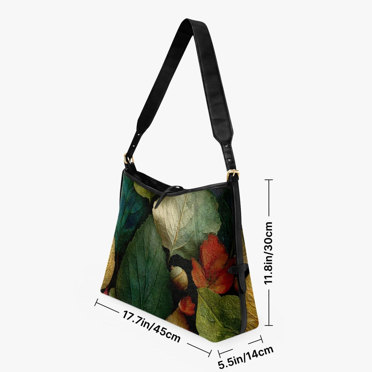 A shoulder tote bag with a botanical leaf print, shown with dimension lines and text indicating its measurements of 17.7 in (45 cm) by 11.
