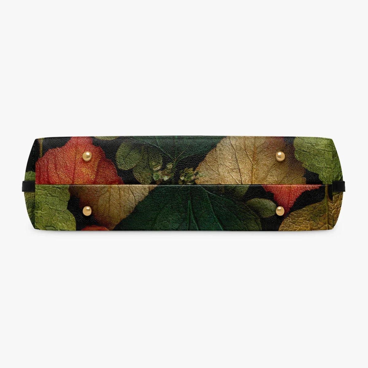 A rectangular black pouch with a vintage botanical leaf print in shades of green, red, and brown, accented with four gold-tone metal studs on the front flap, set against a plain white background.