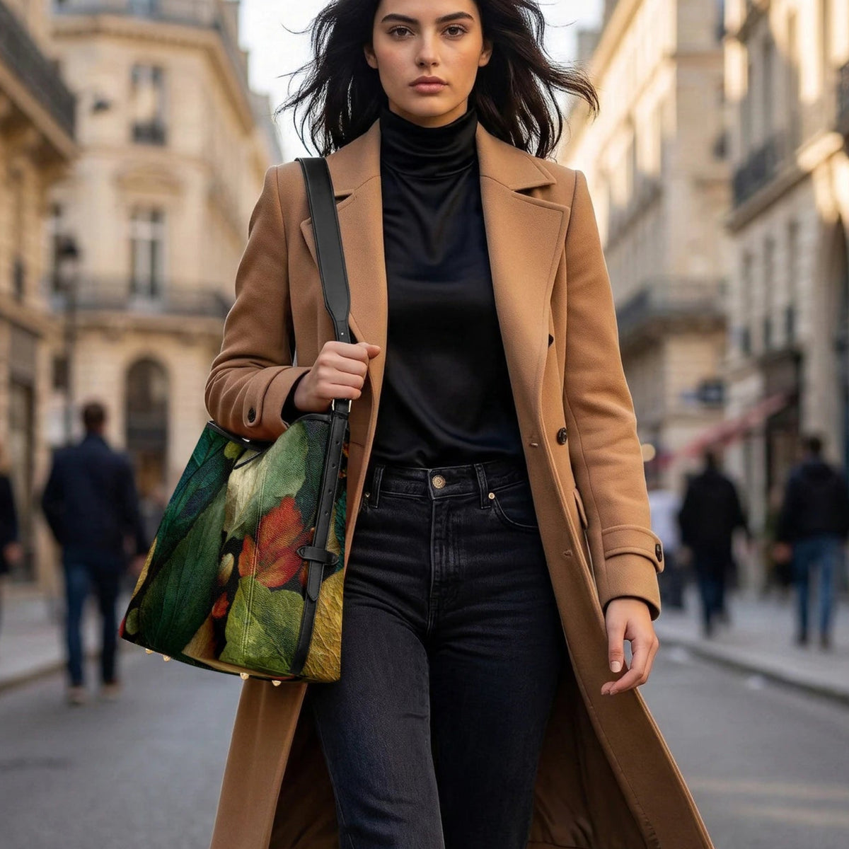 A woman walking down a city street wearing a camel trench coat over a black turtleneck and dark jeans, carrying a large green and red floral tote bag.