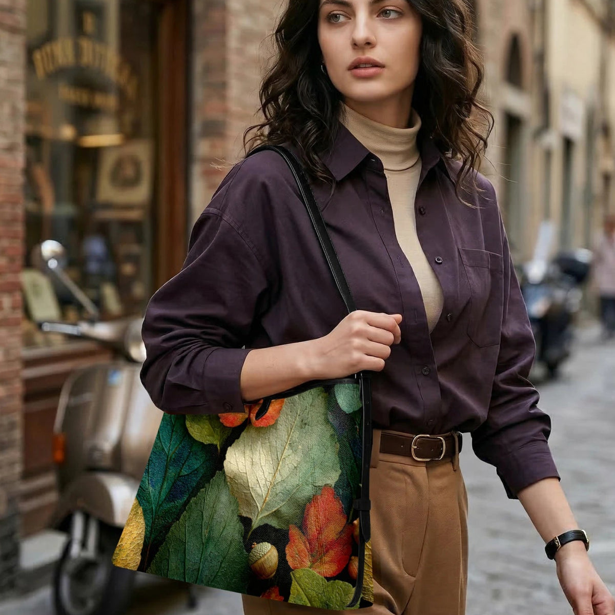 A woman stands on a city street carrying a large tote bag decorated with a detailed print of green leaves and orange-red autumn flowers. She is wearing a dark purple button-up shirt, a beige turtleneck, and brown trousers.