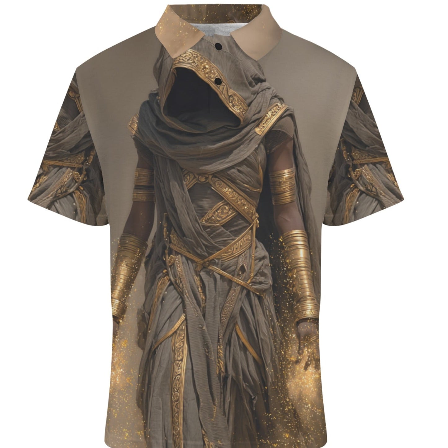 Mannequin wearing a detailed costume with gold and brown accents on a white background