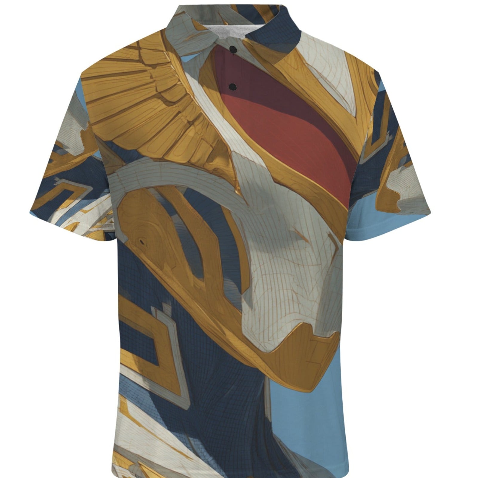 Short-sleeve shirt with abstract geometric pattern on a white background