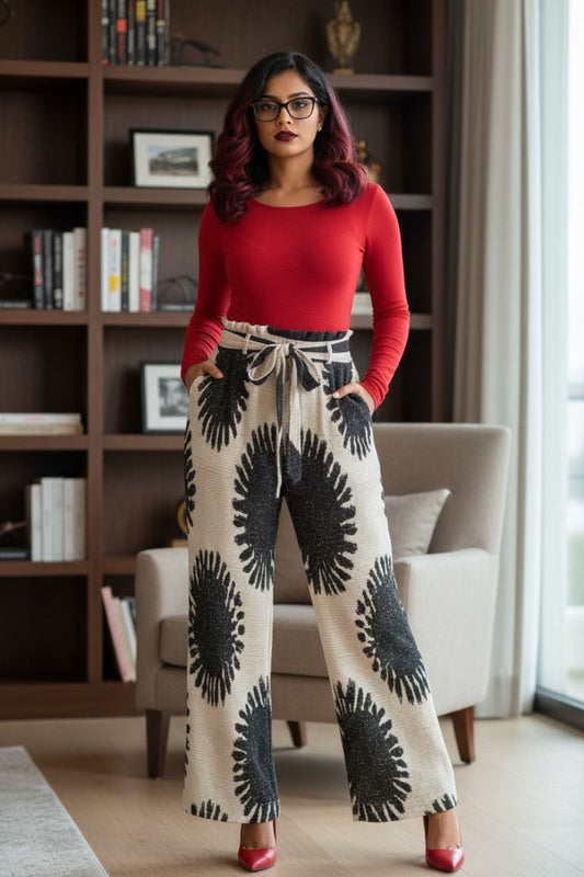A woman stands in a living room wearing a bright red long-sleeve top and wide-leg pants with a black and cream sunburst pattern, paired with red heels.