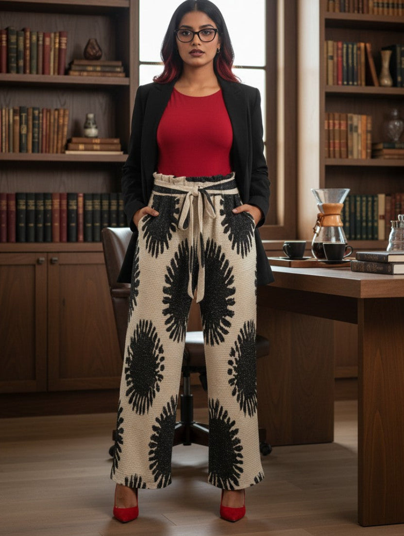A woman stands in a library or study wearing a black blazer, a red top, and wide-leg cream pants with large black sunburst patterns. She is wearing red high heels, with bookshelves and a desk visible in the background.