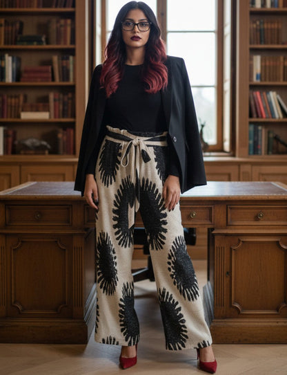 A woman stands in a library wearing a black blazer, black top, and wide-leg trousers with a black sunburst pattern on a cream background. She is wearing red pointed-toe heels.