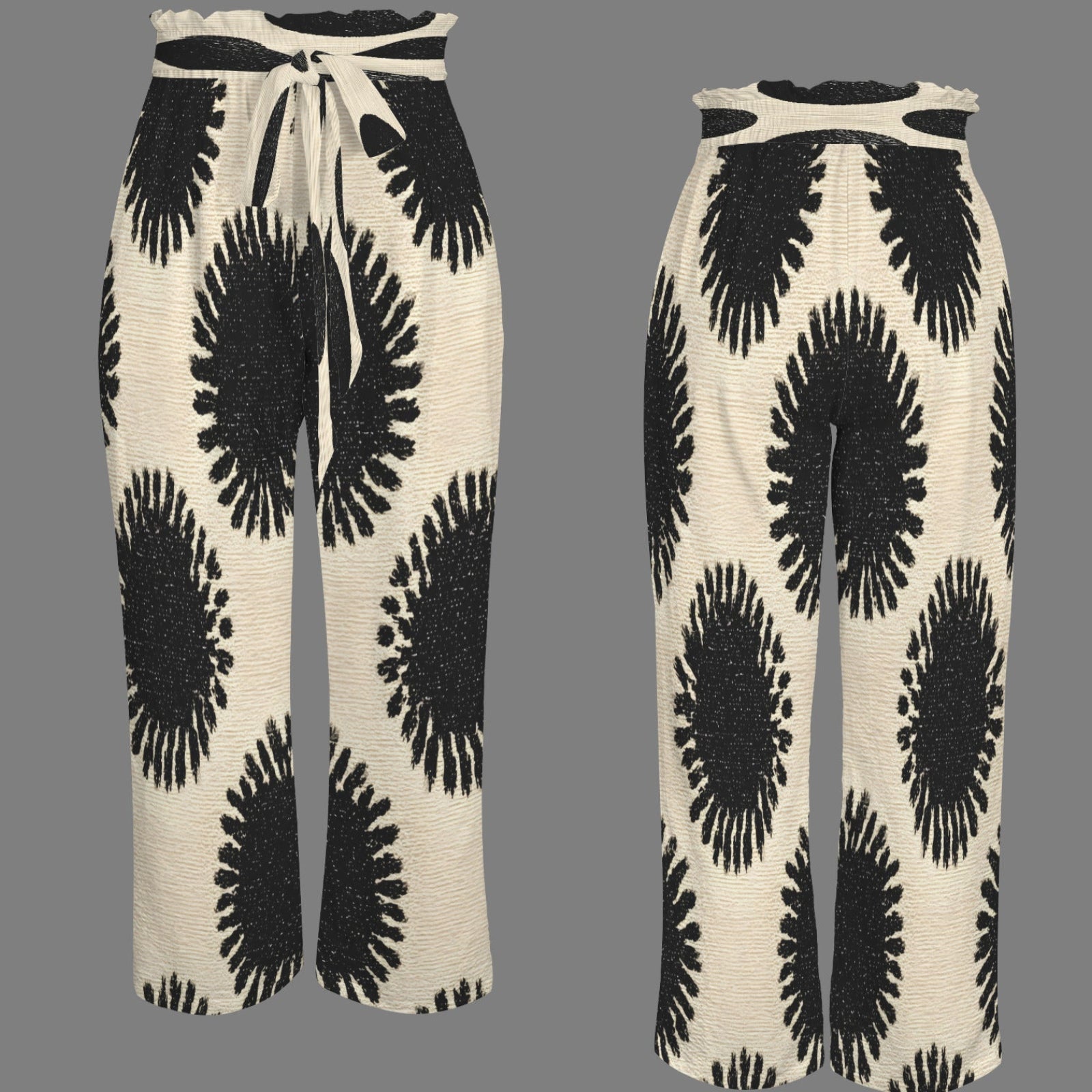 A pair of wide-leg knit pants shown from two angles on a solid gray background. The pants feature a cream-colored base with a bold black abstract circular pattern and a matching cream and black tie-waist belt.