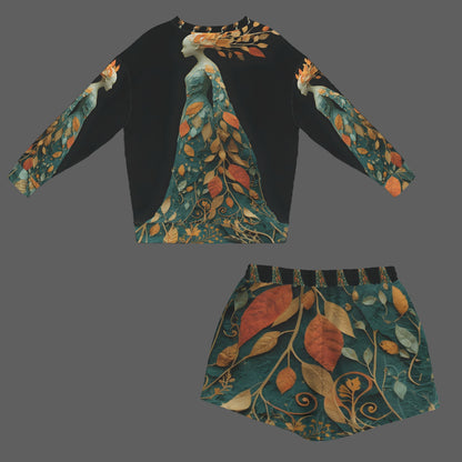 A two-piece women's outfit consisting of a long-sleeve crop top and matching shorts, featuring a black knit fabric contrasted with a rich botanical print in teal, rust orange, and gold.