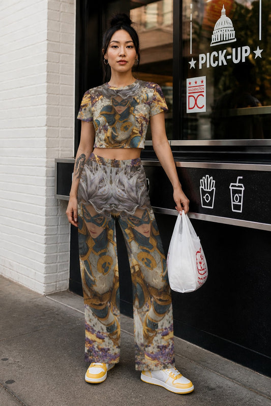 A woman stands on a city sidewalk in front of a storefront, wearing a matching cropped short-sleeve top and wide-leg pants set with an abstract marbled print in gray, gold, purple, and brown tones. She is holding a white plastic bag and wearing yellow-and-white sneakers.