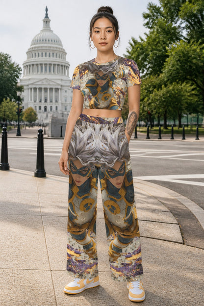 A model stands outdoors in front of the U.S.