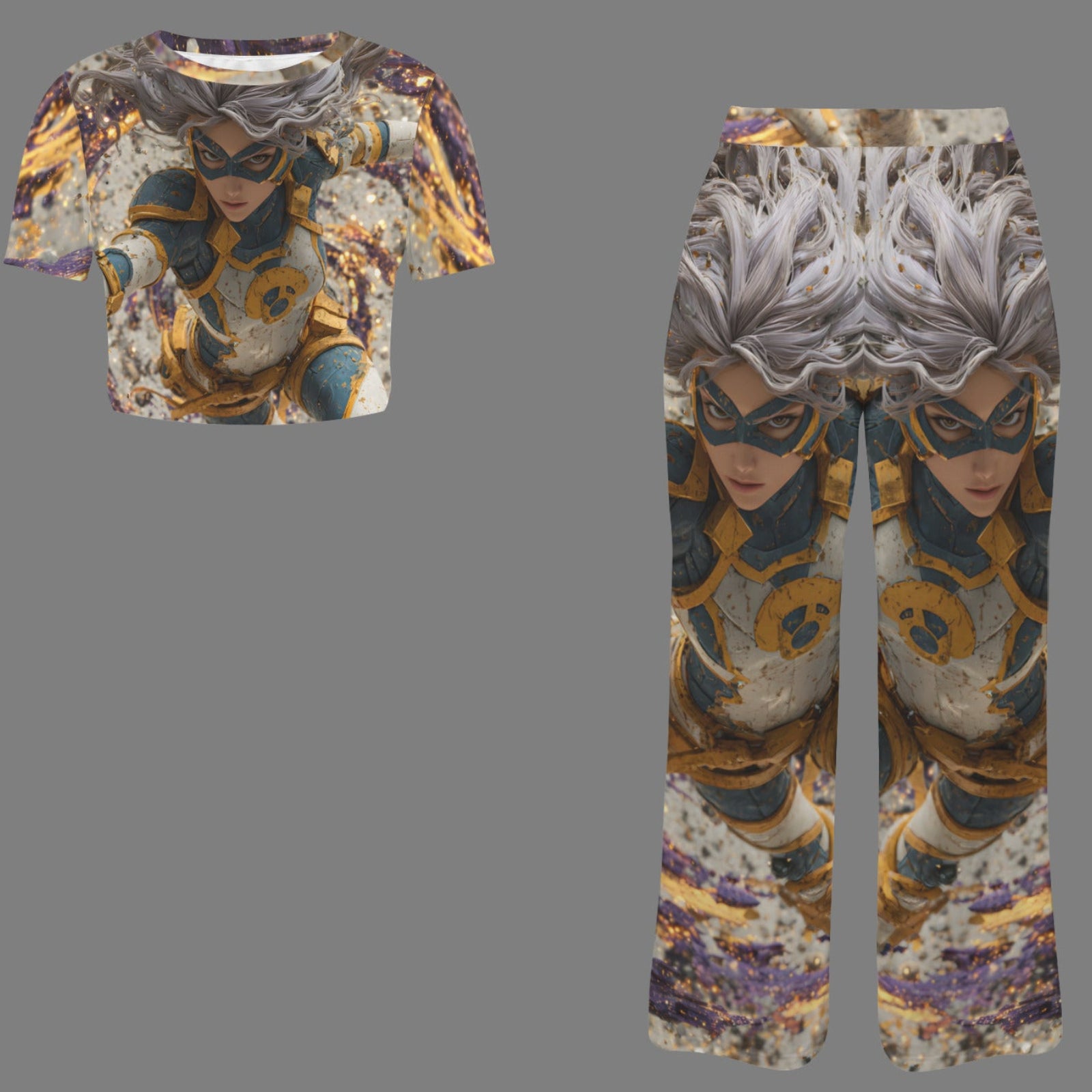 A matching two-piece outfit featuring a short-sleeve crop top and wide-leg pants, both printed with a symmetrical anime-style character design. The character has silver hair, a black mask, and wears gold and blue armor against a textured gray background.