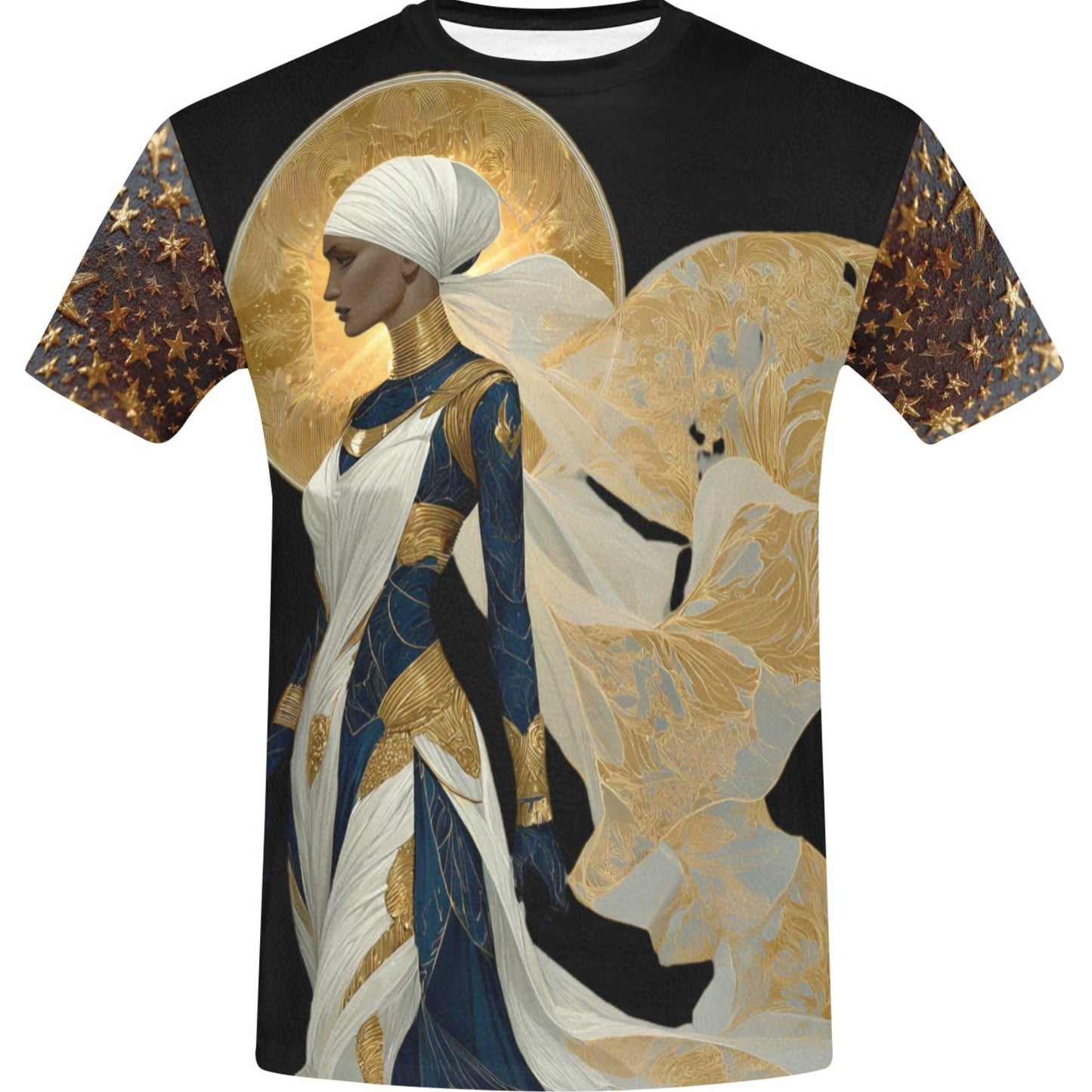 T-shirt with artistic design of a woman in a headscarf and long dress on a white background