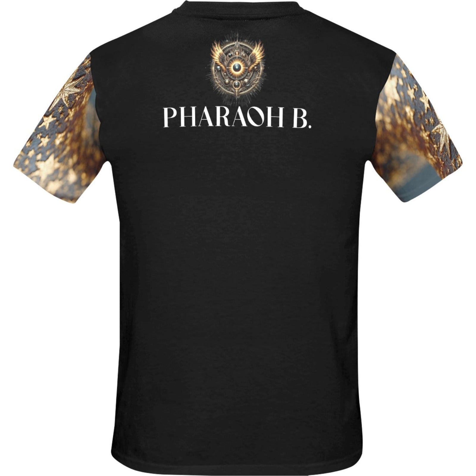 Black t-shirt with 'Pharaoh B.' branding on a white background